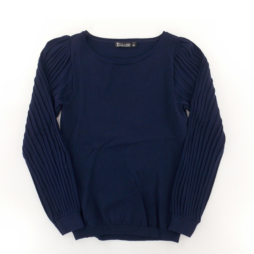 7th Avenue Design Studio Sweater Ribbed Sleeve Puff Shoulder Womens Size S Navy